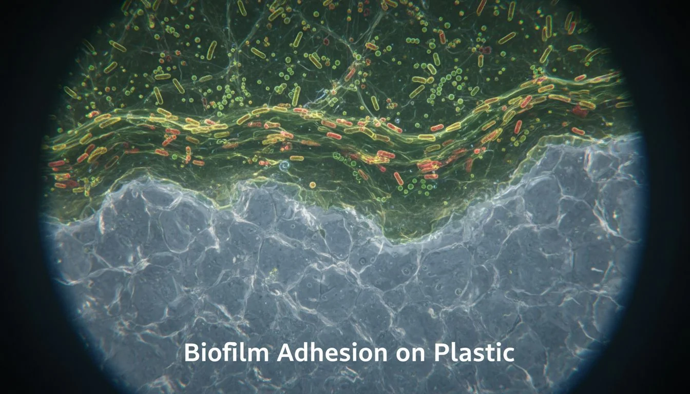 microscopic view of biofilm adhesion on rough plastic surface