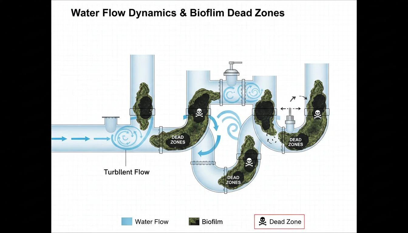 diagram showing water flow dynamics and dead zones