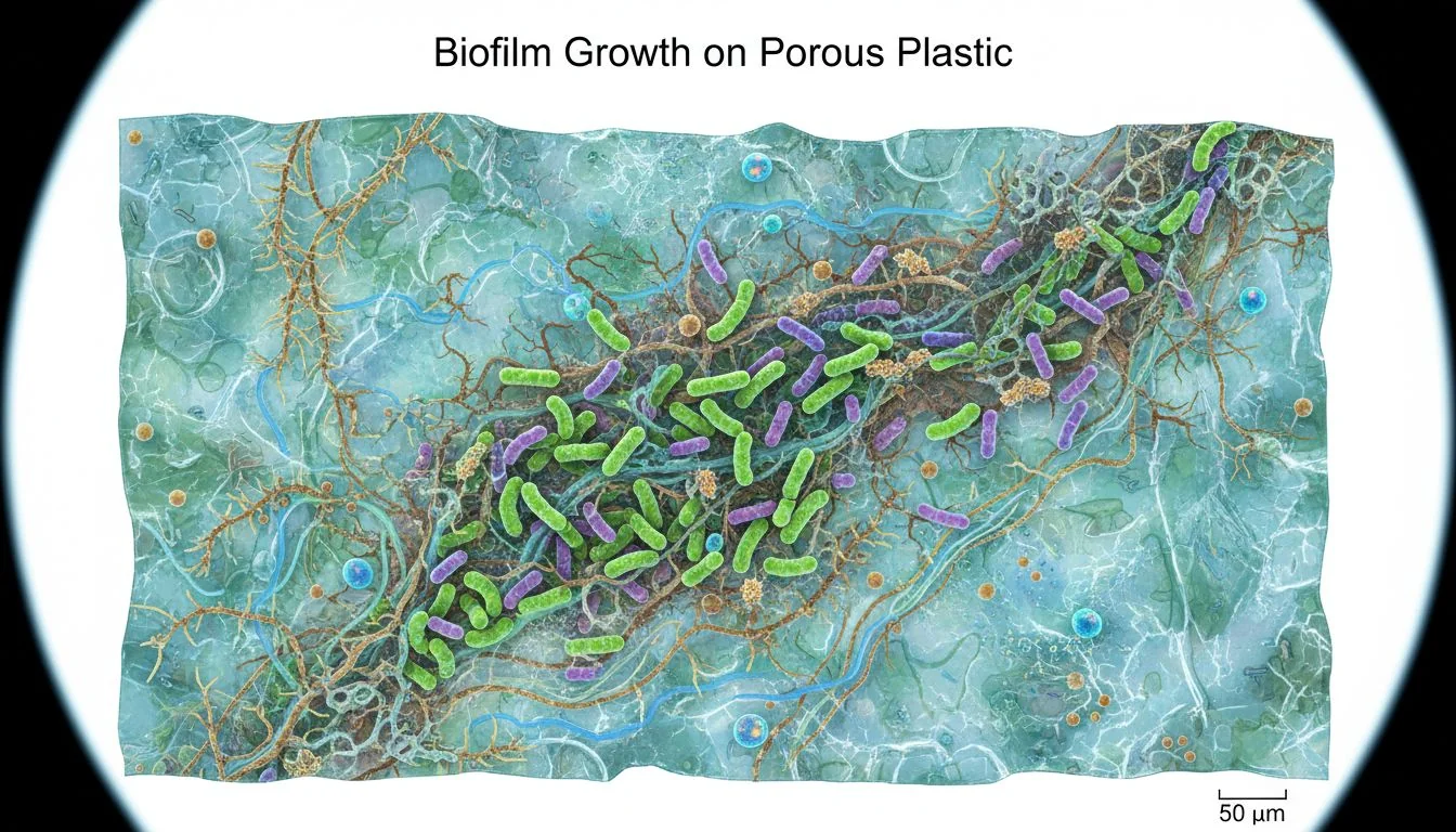 Biofilm Growth on Porous Plastic A magnified, scientific illustration of biofilm growing within the micro-scratches of a plastic surface.