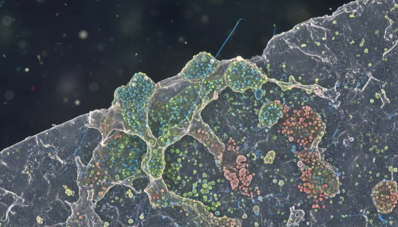 Biofilm on Plastic A microscopic view of bacteria and biofilm growing on a plastic surface.