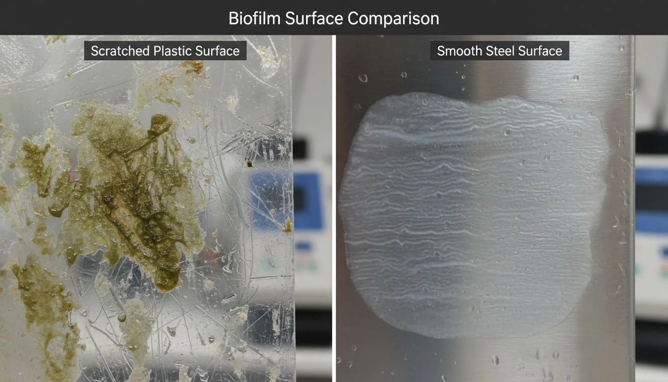 comparison of scratched plastic surface and smooth steel surface