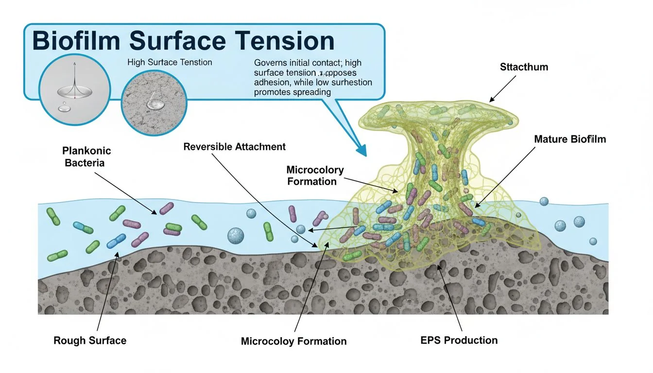 Biofilm Surface Tension diagram of biofilm adhesion on rough surface