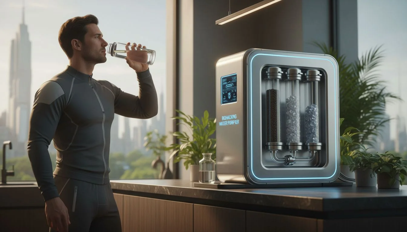 Biohacking Water Purifier man drinking water looking at stainless steel purifier