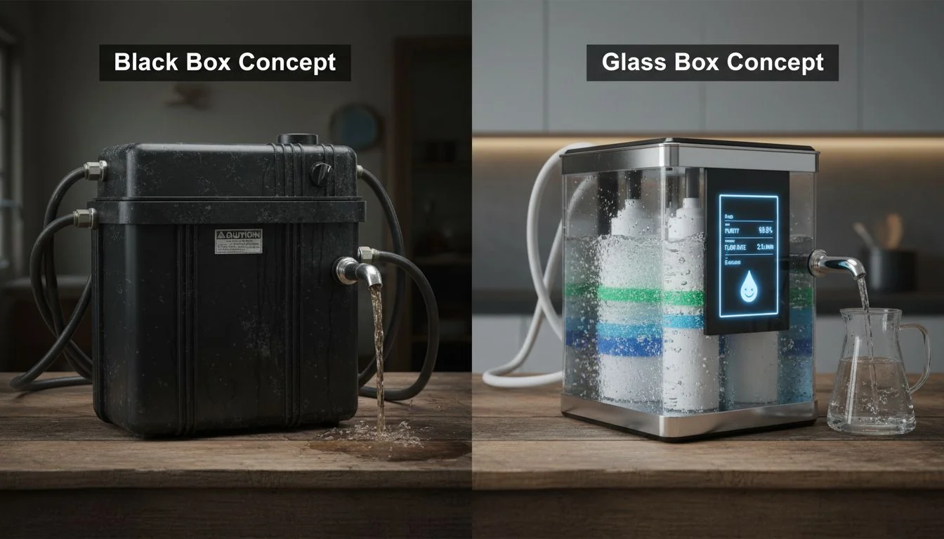 comparison of old opaque water filter vs new smart filter with screen