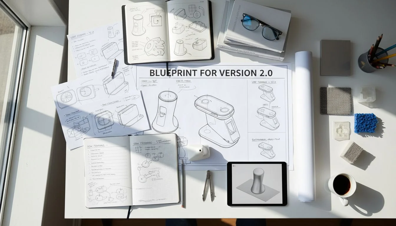 A designer's desk with sketches, material samples, and notes for a new product version.