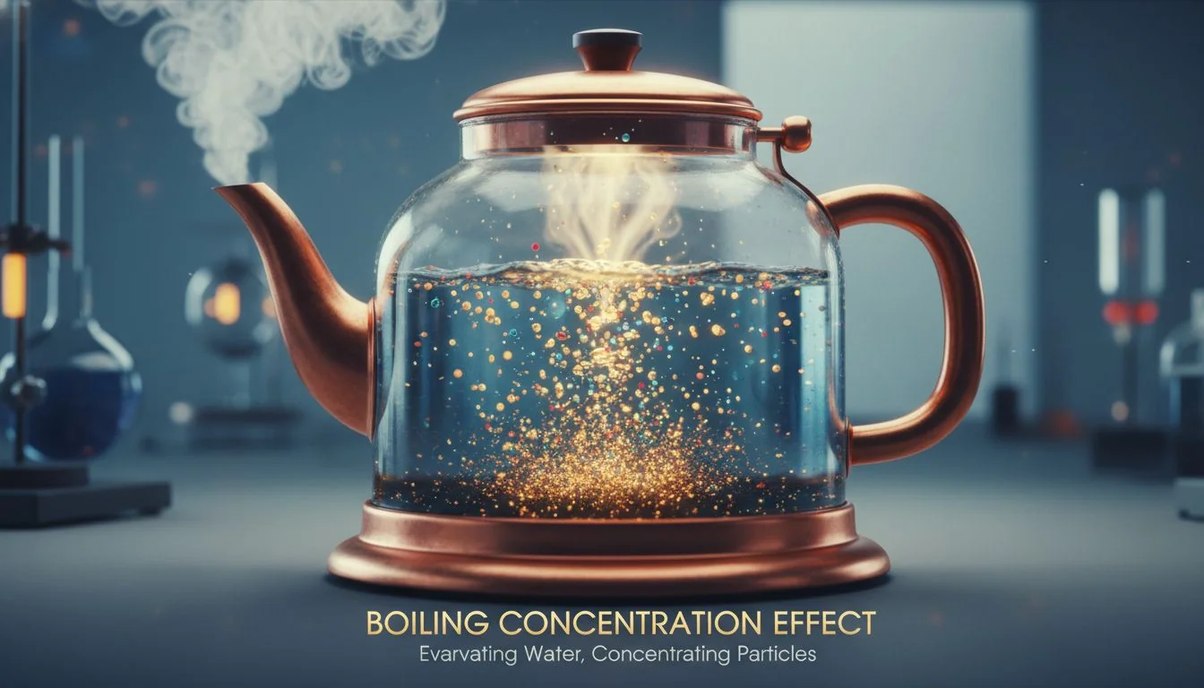 Boiling Concentration Effect illustration of water evaporating from a kettle concentrating particles