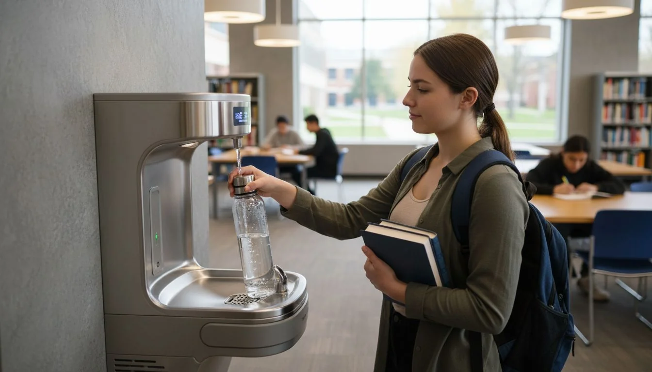 student using bottle filling station