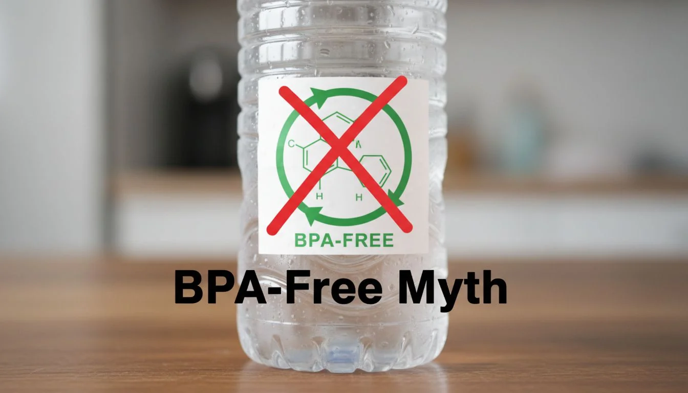 BPA-Free Myth A red X drawn over a BPA-Free symbol on a plastic bottle