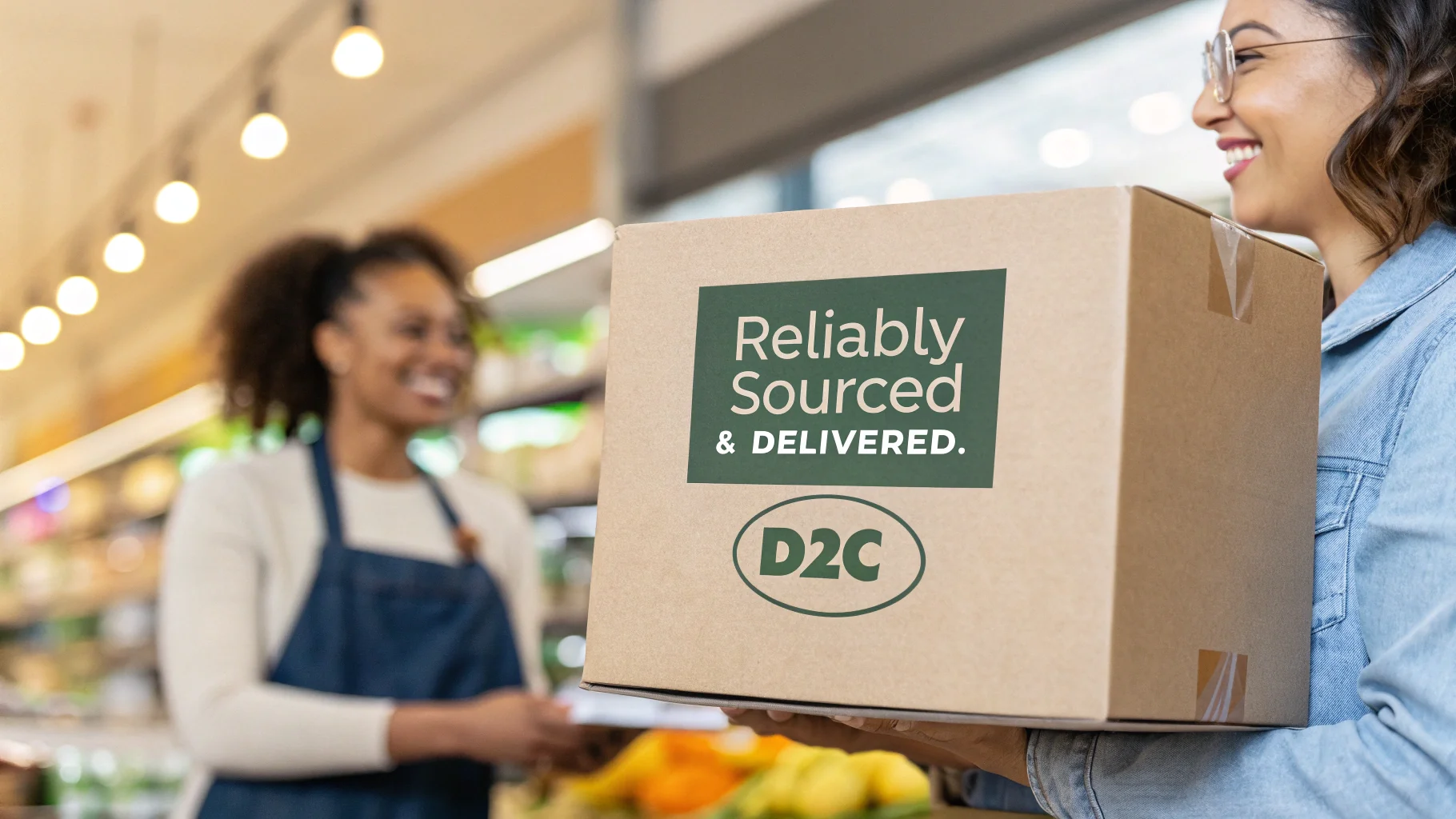 An image showing a D2C product box with a sticker that says "Reliably Sourced & Delivered," with a smiling customer in the background.
