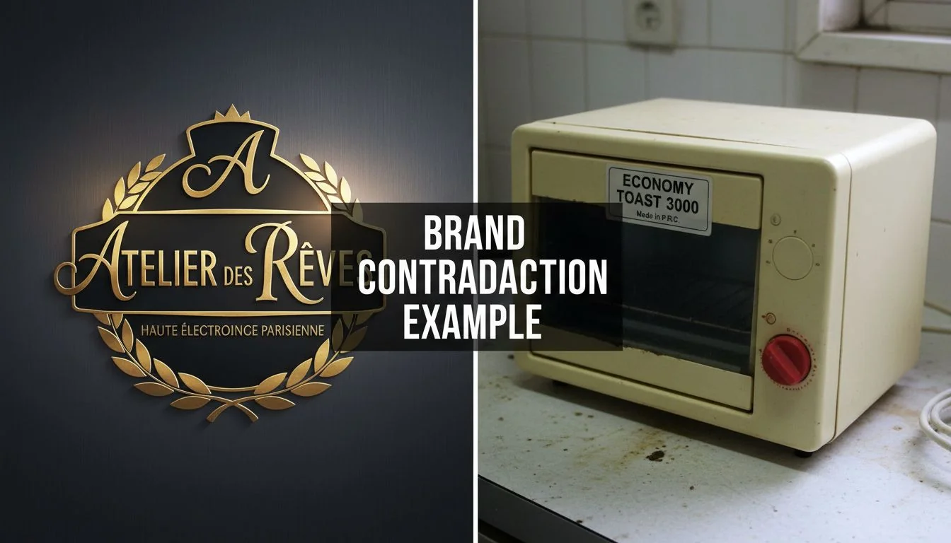 Brand Contradiction Example A split image showing a luxury brand logo on one side and a generic, cheap-looking plastic appliance on the other.