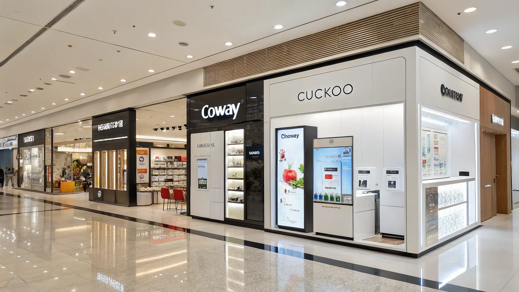 Storefronts for Coway and Cuckoo in a modern shopping mall.