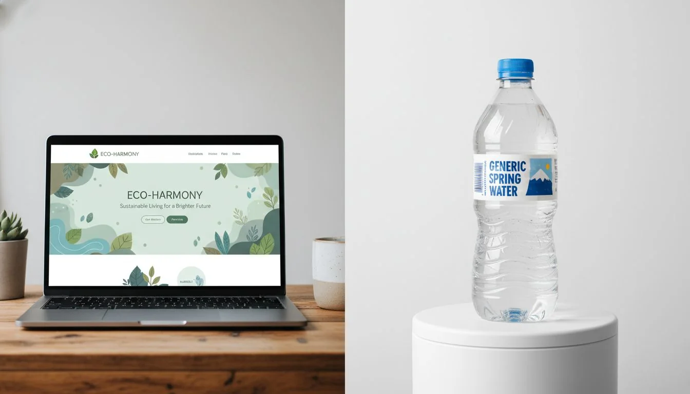 A website with beautiful branding for an eco-friendly company, next to a very generic, standard-looking plastic product.