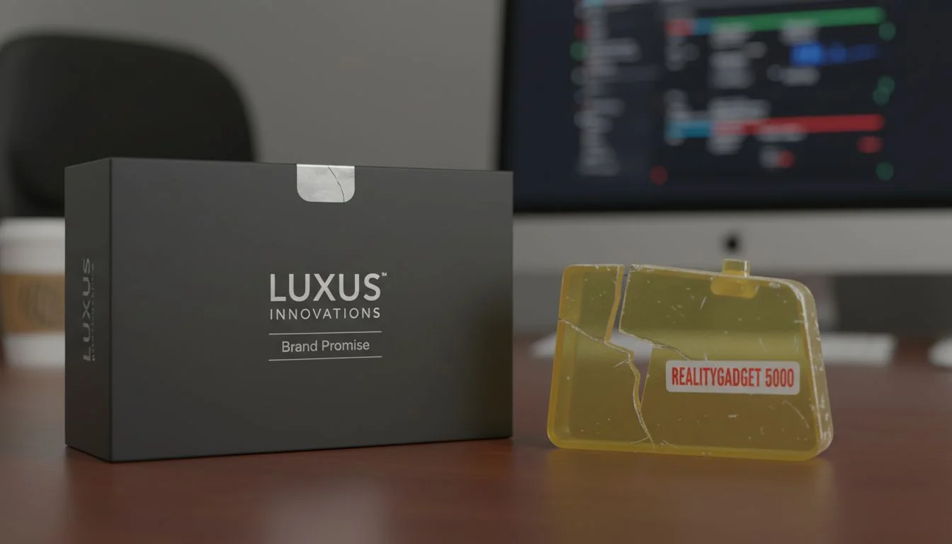 Brand Promise vs. Product Reality A sleek, premium-branded box next to a cheap-looking plastic product with a crack in it