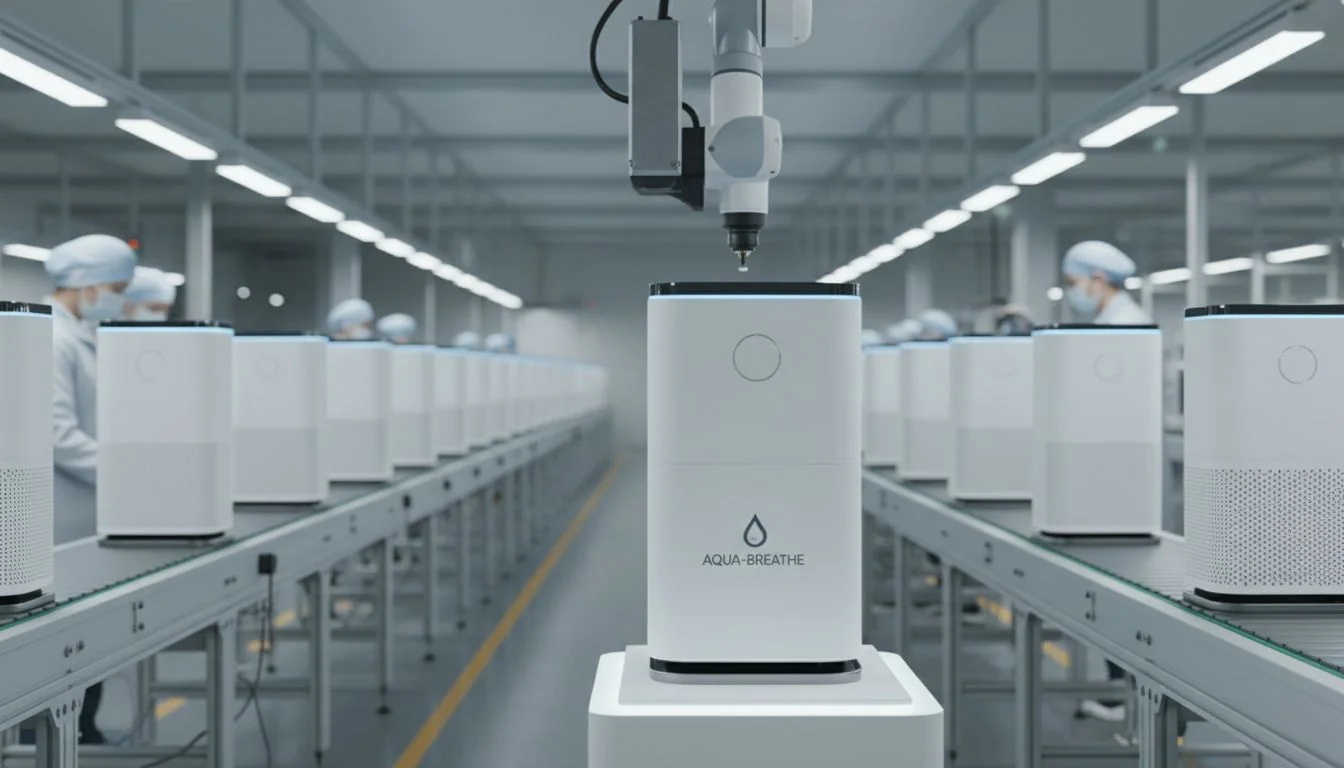 An assembly line of modern air purifiers with a single unit in the foreground ready for branding.