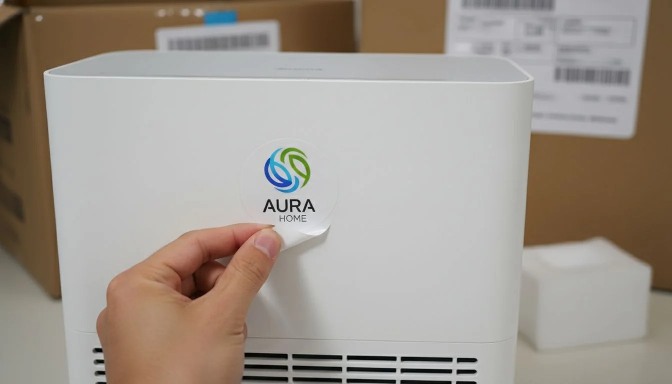 A hand placing a custom brand logo onto a generic-looking air purifier