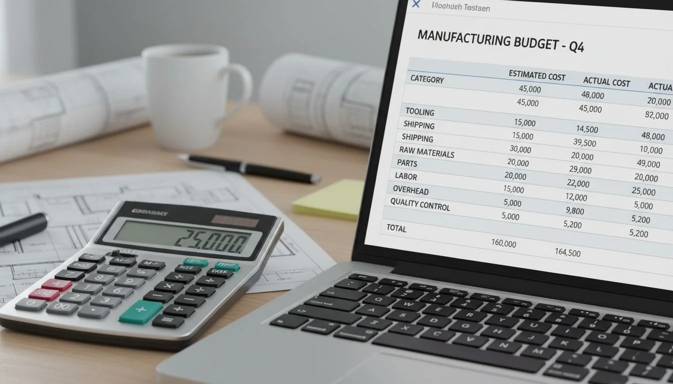 A calculator and a spreadsheet showing a budget with line items like 'Tooling', 'Shipping', 'Parts'.
