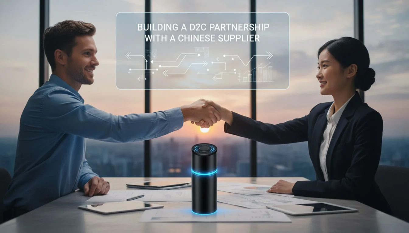 Building a D2C Partnership with a Chinese Supplier Two people, one Western and one Asian, shaking hands over a product prototype