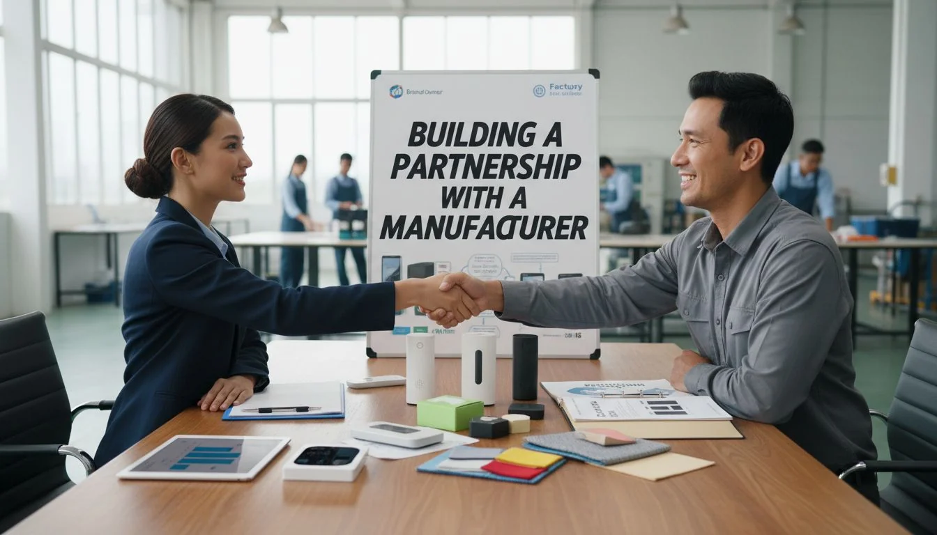 Two people, a brand owner and a factory manager, shaking hands over a table with product prototypes and marketing materials.