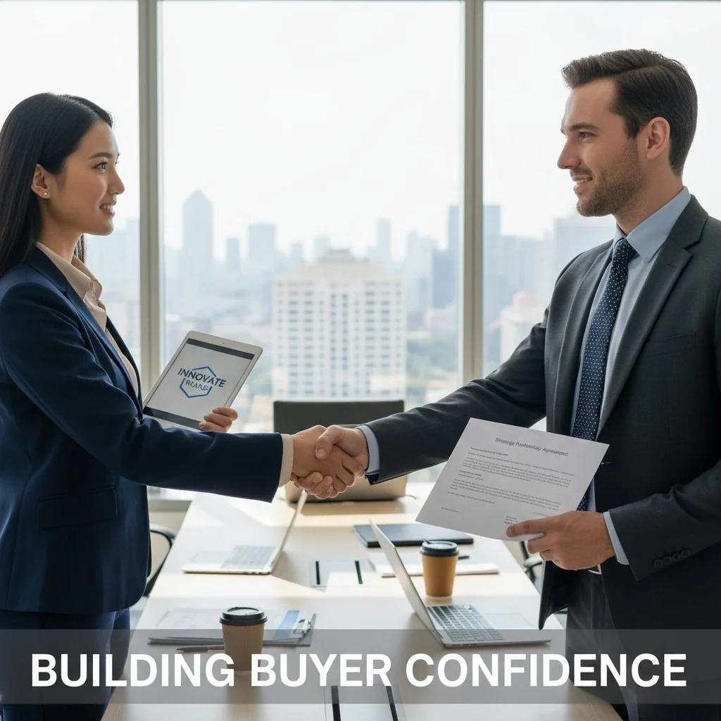 A handshake between a brand manager and a retail buyer in a corporate setting.