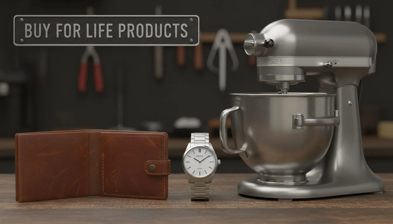 An image showing a classic, well-made leather wallet, a steel watch, and a stainless steel appliance side-by-side, representing 'buy for life' products.