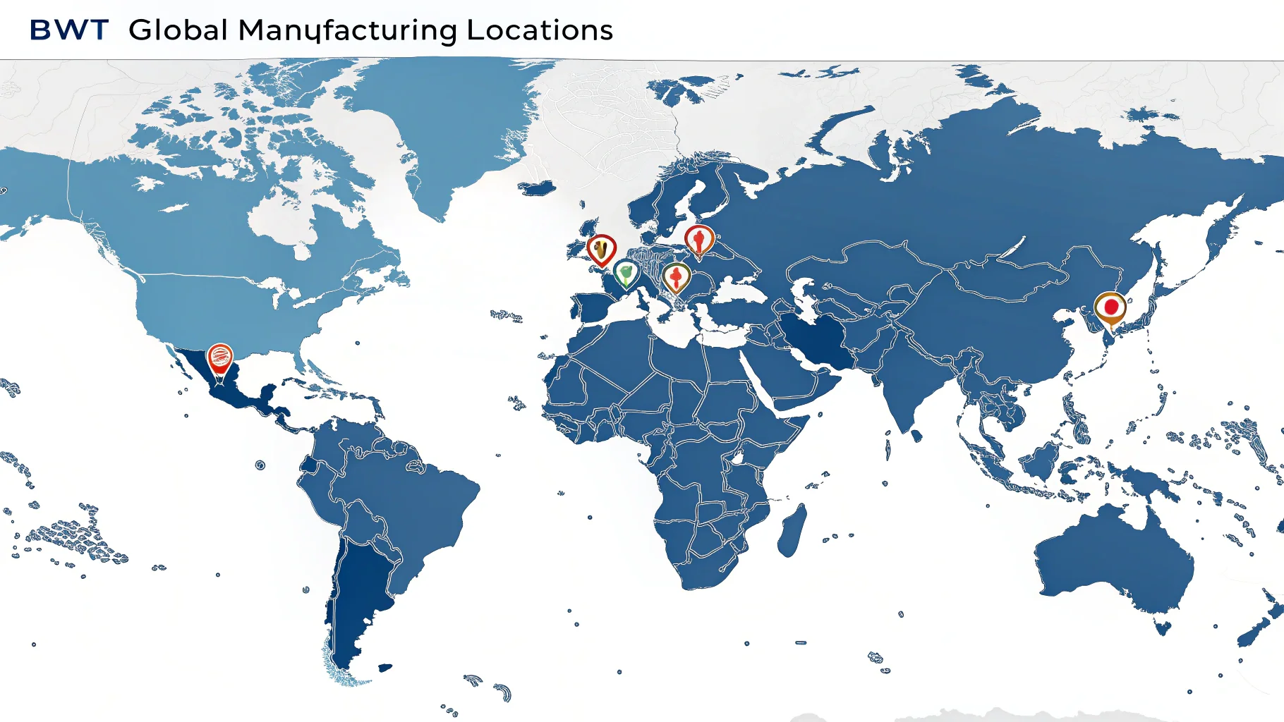 Map showing BWT manufacturing locations in Europe and Asia