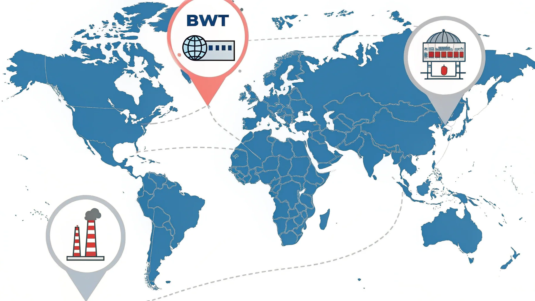 An infographic showing the four European BWT factory locations and the one in China