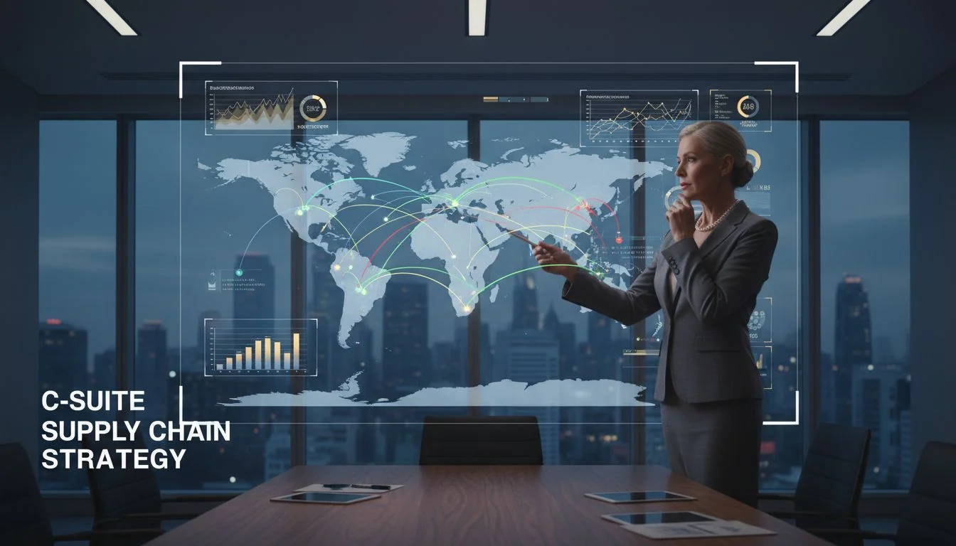 C-Suite Supply Chain Strategy A CEO looking thoughtfully at a global map with supply chain routes