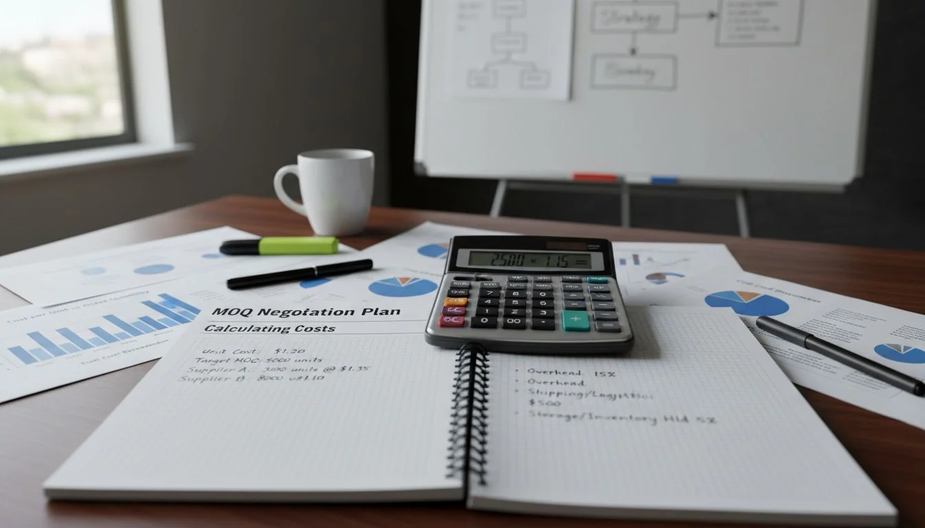 A calculator and notes on a desk during MOQ negotiation planning
