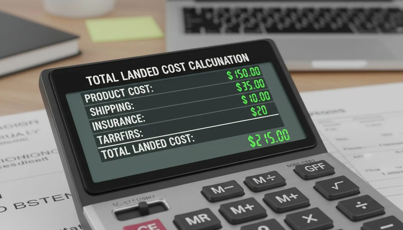 A calculator showing the breakdown of landed cost: product cost, shipping, insurance, and tariffs.