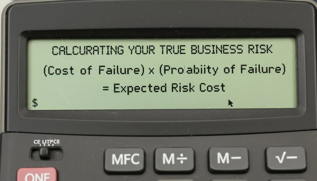Calculating Your True Business Risk A calculator screen showing a simple risk equation: (Cost of Failure) x (Probability of Failure) = Expected Risk Cost.