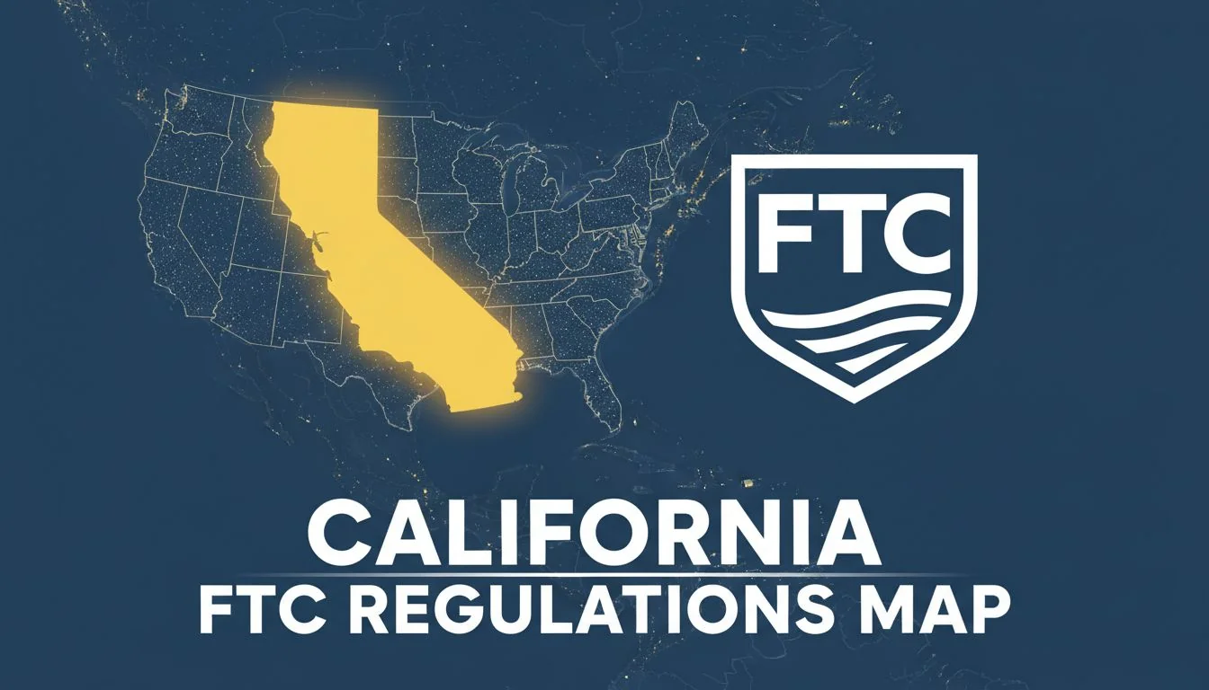 California and FTC Regulations Map A graphic of a map of the USA with California highlighted, next to the FTC logo