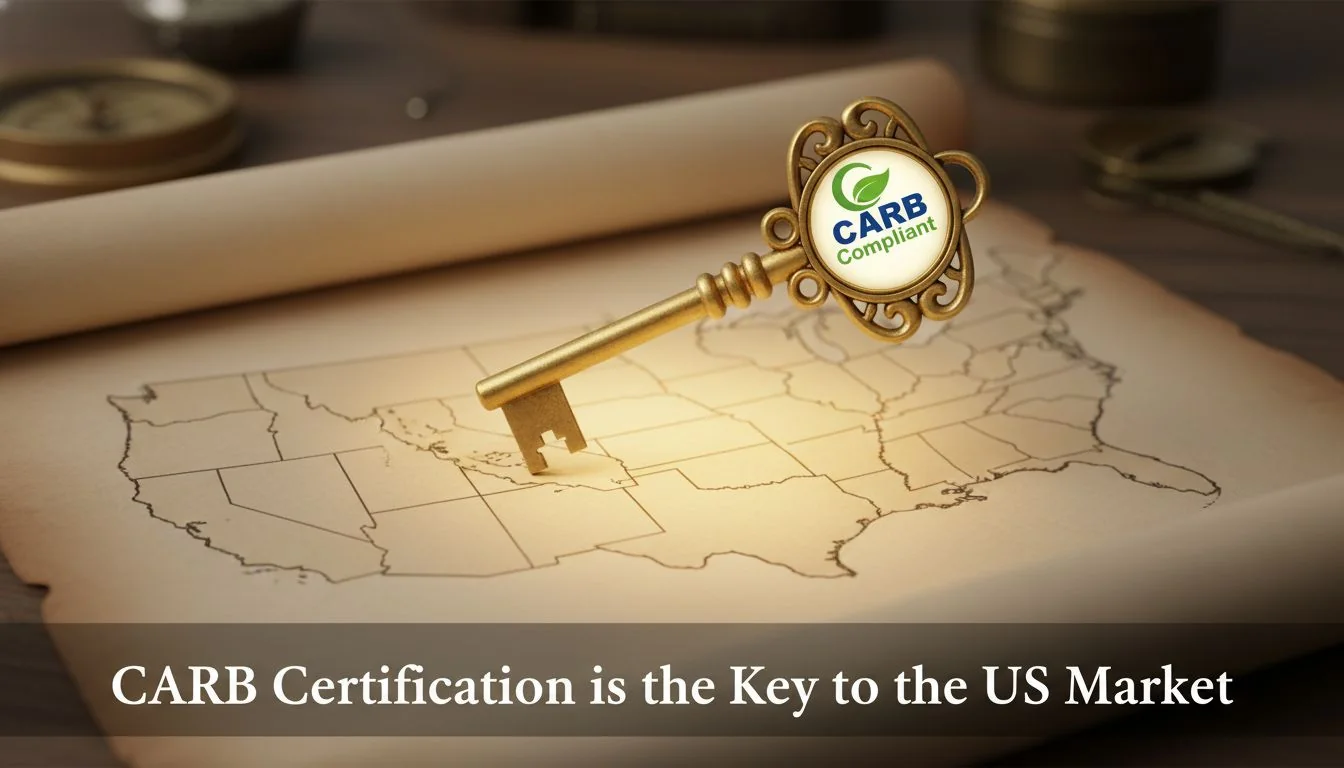 An image of a golden key with the 'CARB Compliant' logo on it, unlocking a map of the USA.