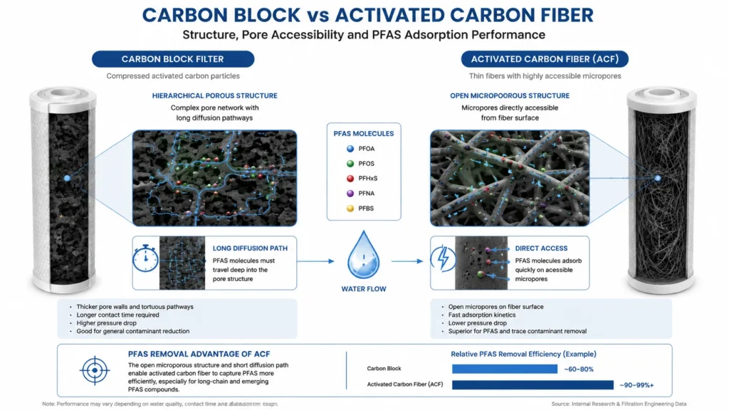 Comparison infographic showcasing the differences between carbon block filter and activated carbon fiber. Detailed diagrams illustrate the hierarchical porous structure of the carbon block with long diffusion paths and the open microporous structure of the activated carbon fiber with direct access for PFAS adsorption.