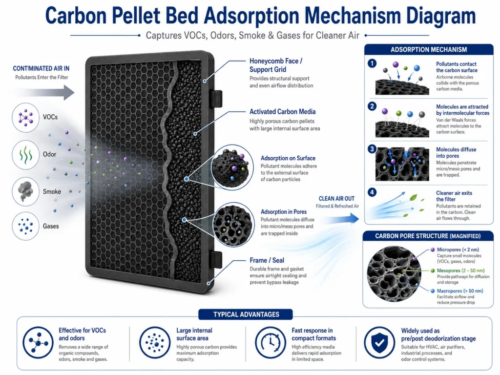 Diagram illustrating the carbon pellet bed adsorption mechanism, showing how pollutants like VOCs, odors, smoke, and gases are captured by activated carbon media to filter and purify air.