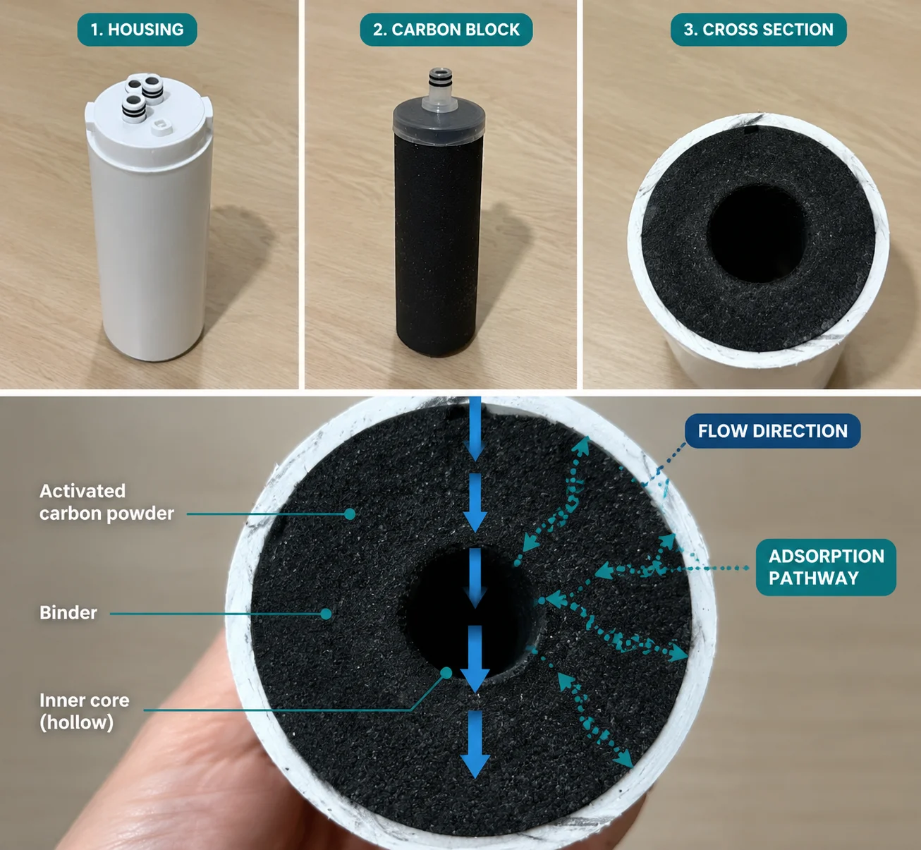 Cutaway view of a carbon water filter cartridge
