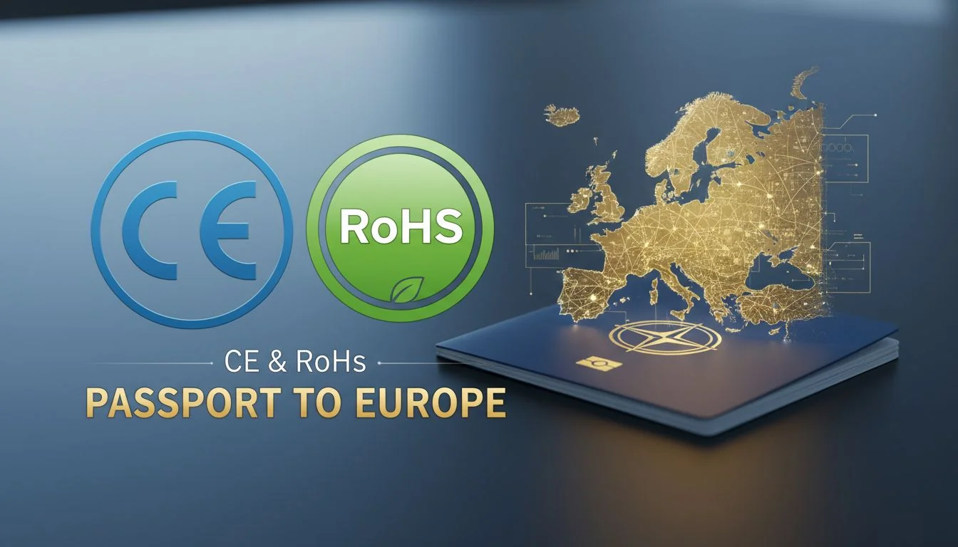 The CE and RoHS logos positioned next to a stylized map of the European Union, indicating market access.