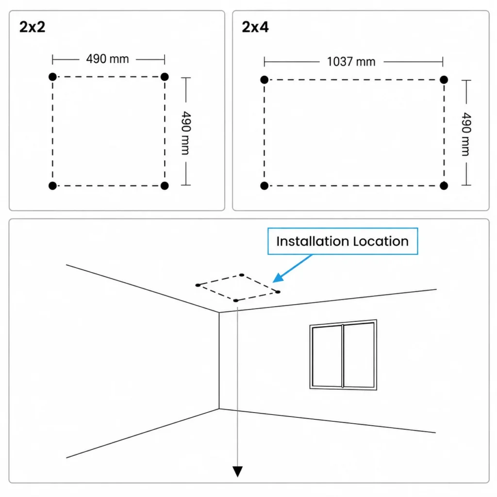 Diagram showing installation dimensions for ceiling lights in 2x2 and 2x4 configurations, along with an installation location in a room.
