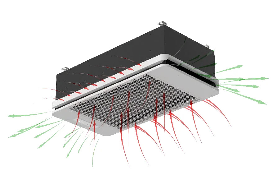 Ceiling-mounted air purifier showing airflow direction with red and green arrows indicating intake and output.