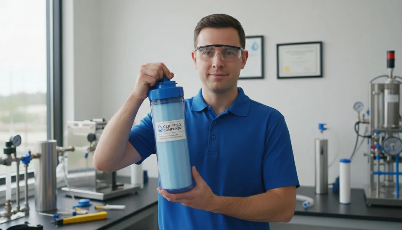 Certified Component Engineer holding a certified water filter component