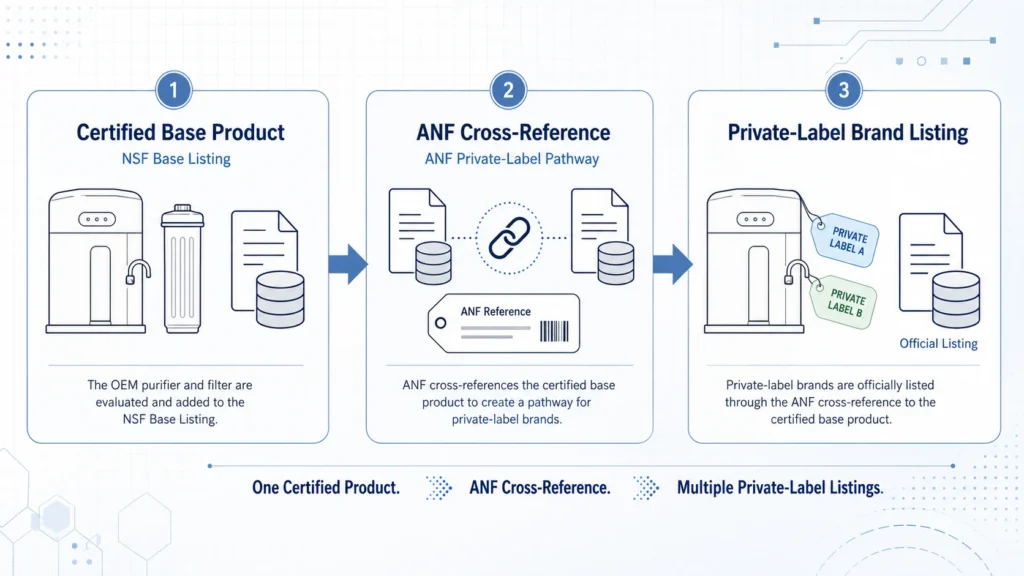 NSF base listing and ANF private-label certification pathway for OEM water filters