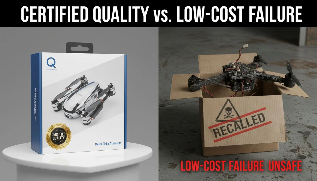 Certified Quality vs. Low-Cost Failure A split image showing a pristine, certified product on one side and a recalled, damaged product on the other.