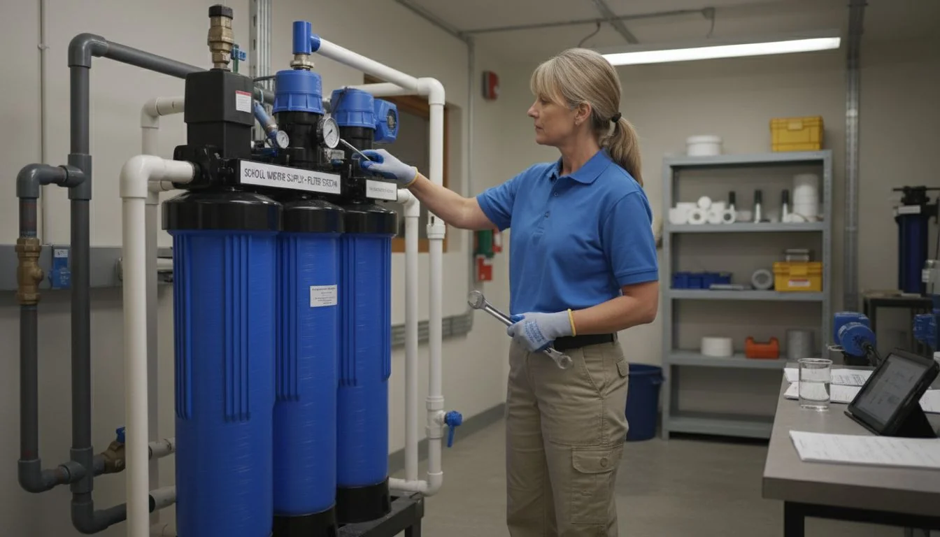 School facility manager checking water filter