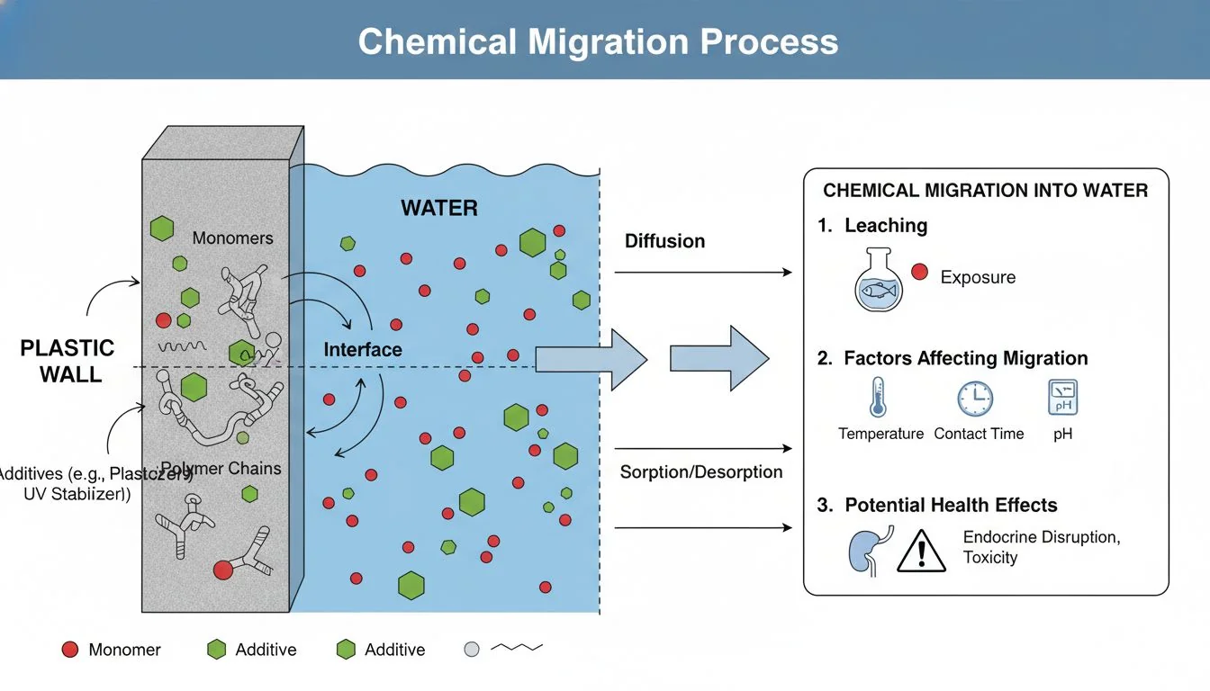 diagram showing chemical migration from plastic wall into water