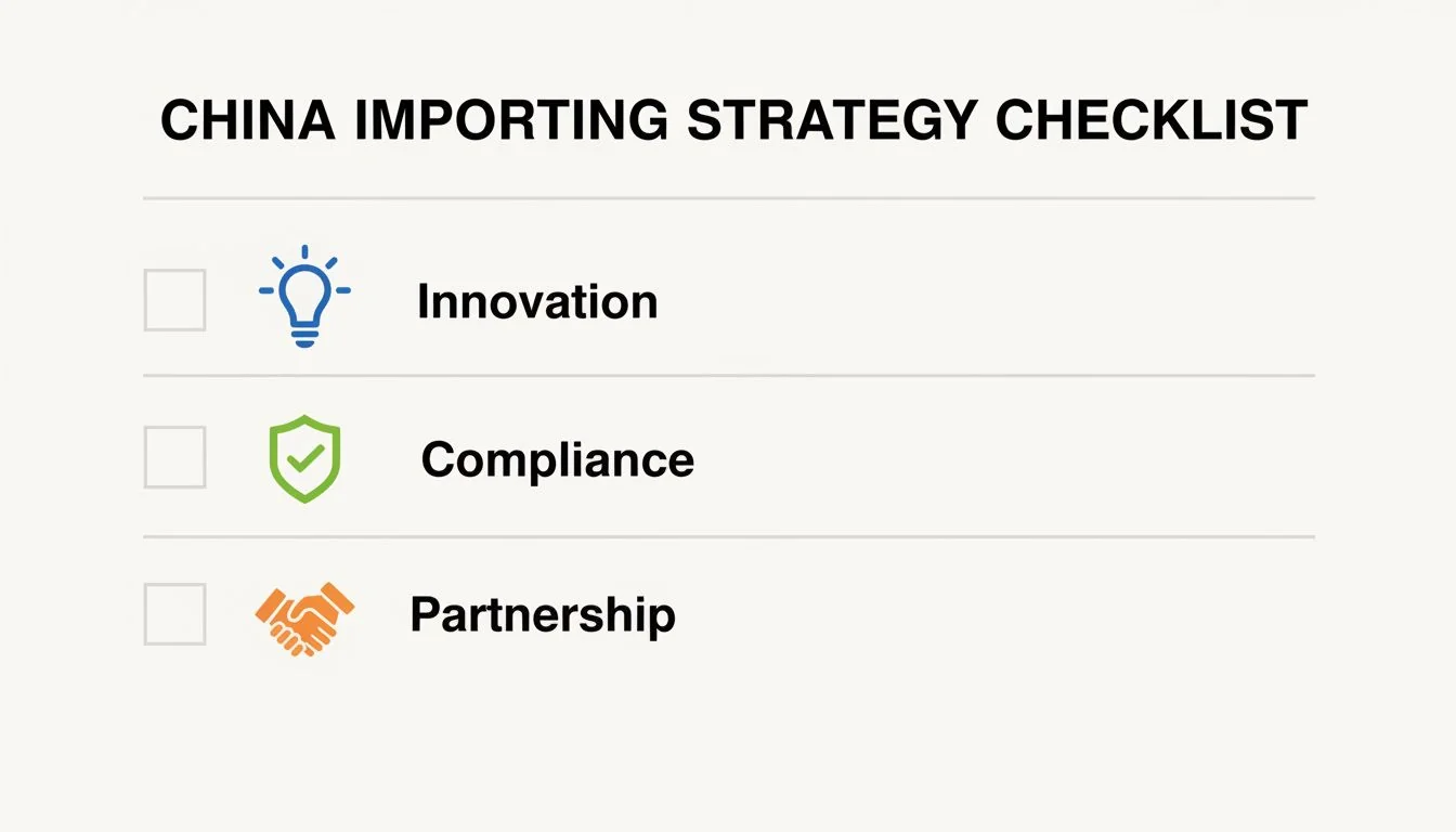 China Importing Strategy Checklist A simple checklist graphic with icons for Innovation, Compliance, and Partnership