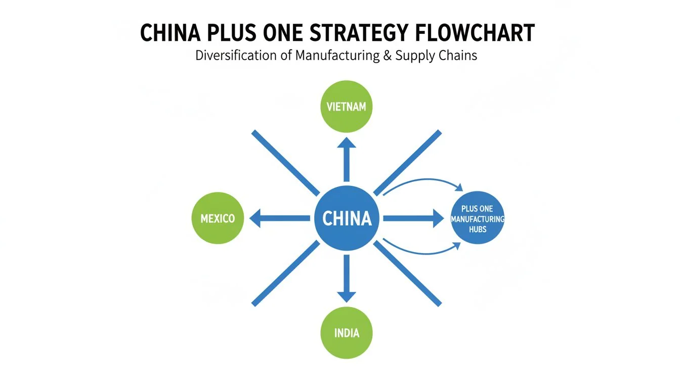 A flowchart showing a central hub in China connected to smaller hubs in Vietnam, Mexico, and India.