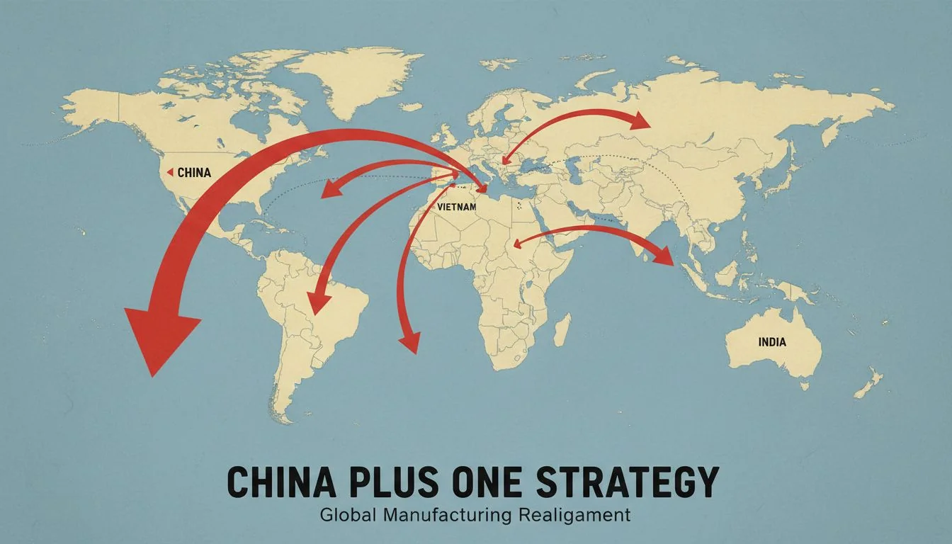China Plus One Strategy Map showing arrows pointing from China to other manufacturing countries like Vietnam and Mexico