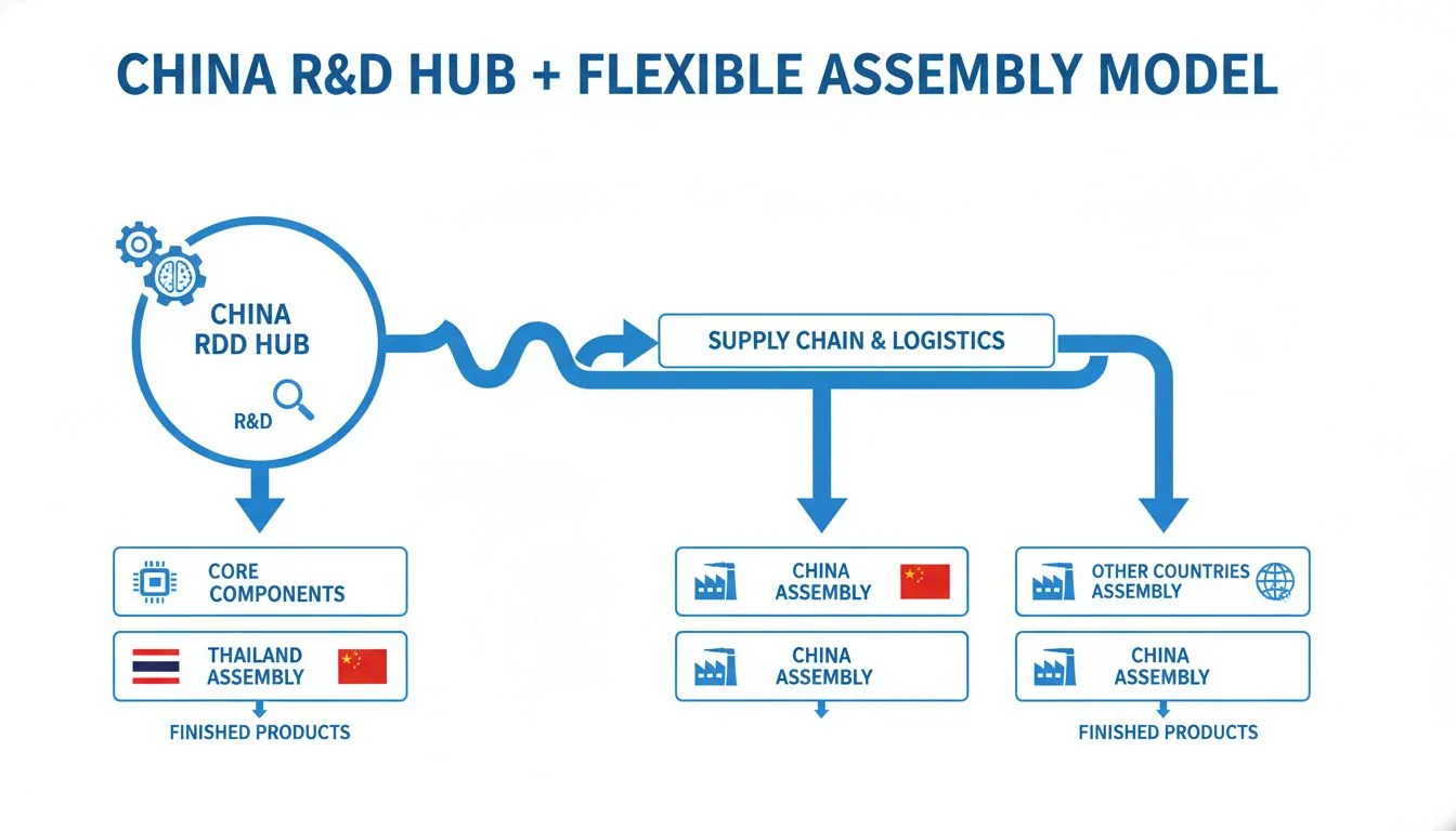 China R&D Hub + Flexible Assembly Model A diagram showing R&D and Core Components from a China Hub feeding into assembly lines in multiple countries, including Thailand