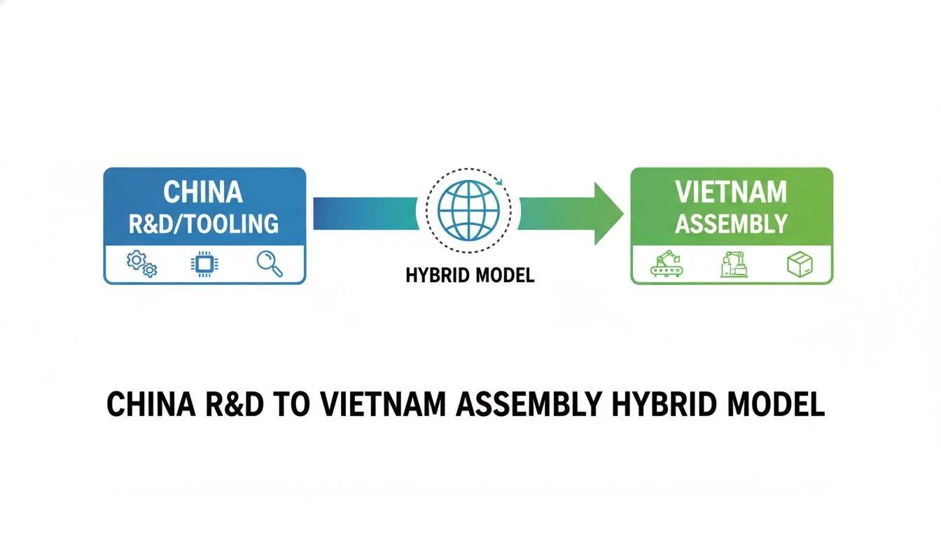 China R&D to Vietnam Assembly Hybrid Model A diagram showing R&D/Tooling in China flowing to Assembly in Vietnam