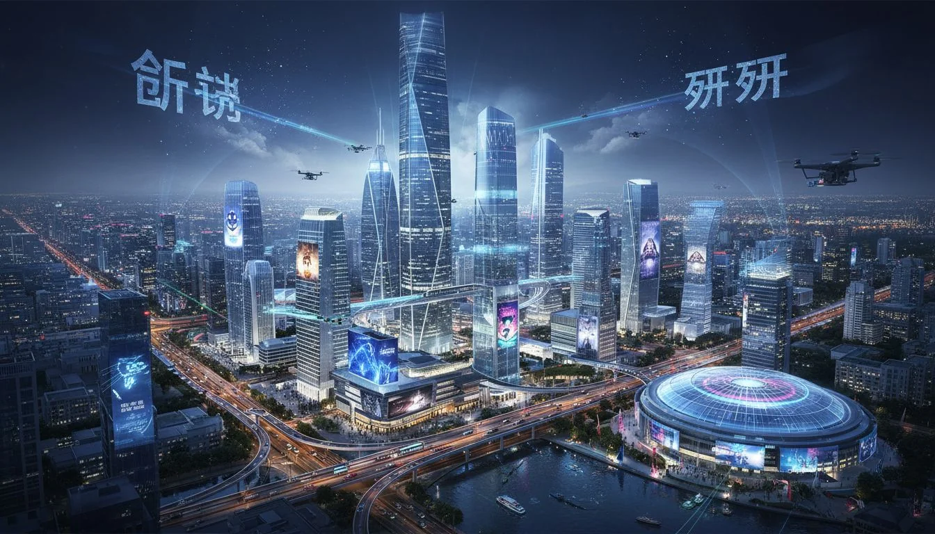 China's Innovation and R&D Hubs A bustling, futuristic cityscape of Shenzhen or Shanghai at night