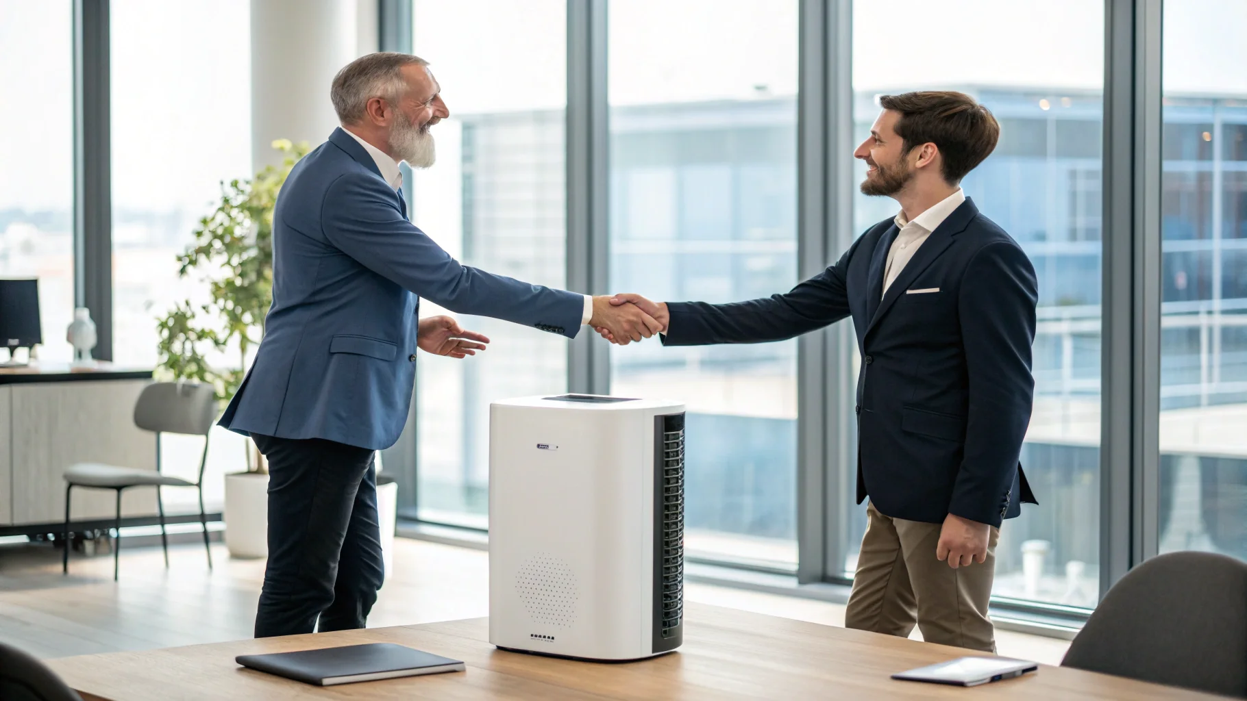 Two business professionals shaking hands, sealing a manufacturing deal